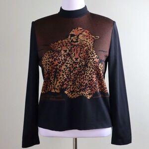 ST. JOHN COLLECTION Marie Gray Cheetah Crystal Sweater Top Size Medium